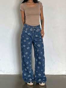 DAZY Jeans de uso diario versátil y casual con bolsillo y estampado floral para mujer - Azul lavado medio - Ver 5
