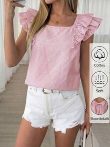 Easowa Camisa de mujer a rayas con detalle de lazo en la espalda y mangas con volantes - Rosa - Ver 3
