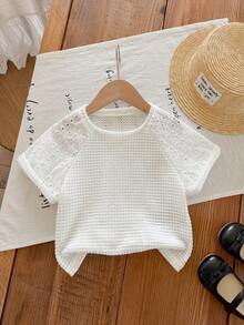 SHEIN LMoss Kids Young Girl Knit Patchwork Woven Hollow Out Raglan Sleeve Fitted T-Shirt - White - View 4