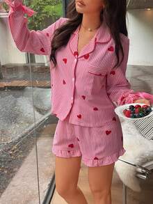 Napfluff Conjunto de pijama con top de rayas en forma de corazón y shorts con cuello clásico - Rojo y blanco - Ver 6