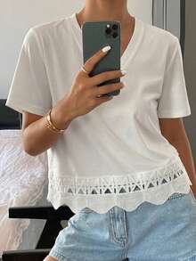 Livesso Women's Solid Color Crew Neck Short Sleeve Patchwork Lace Trim Casual Summer Top - White - View 5