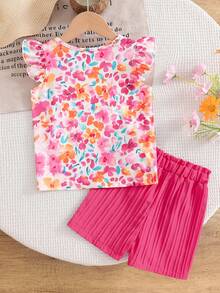 SHEIN Elladie kids Young Girl Floral Print Round Neck T-Shirt + 3D Bow Shorts Set - Blue - View 2