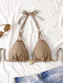 Swim Mod New Plus Size Women Solid Color Halter Neck Slim Fit Casual Swimwear Top - Coffee Brown - View 1
