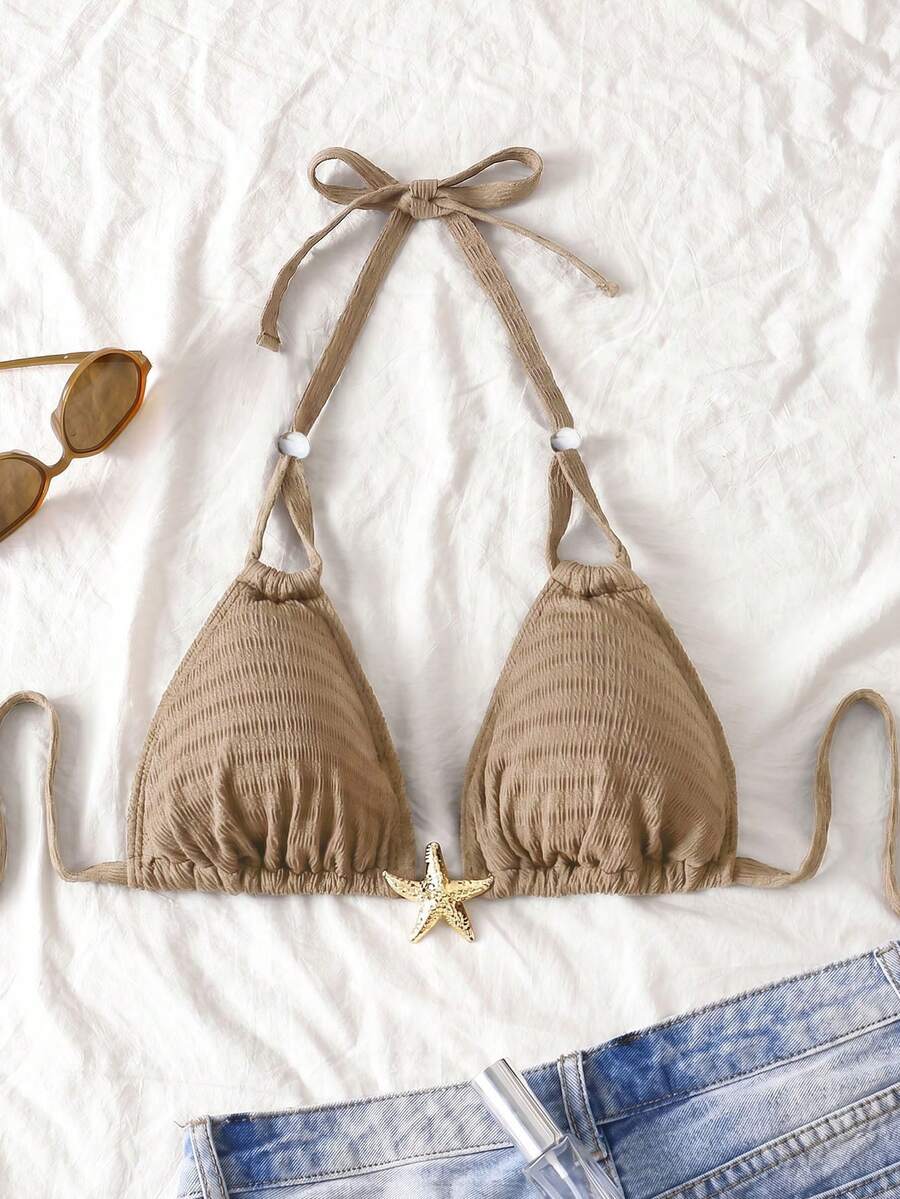 Swim Mod New Plus Size Women Solid Color Halter Neck Slim Fit Casual Swimwear Top - Coffee Brown - View 1