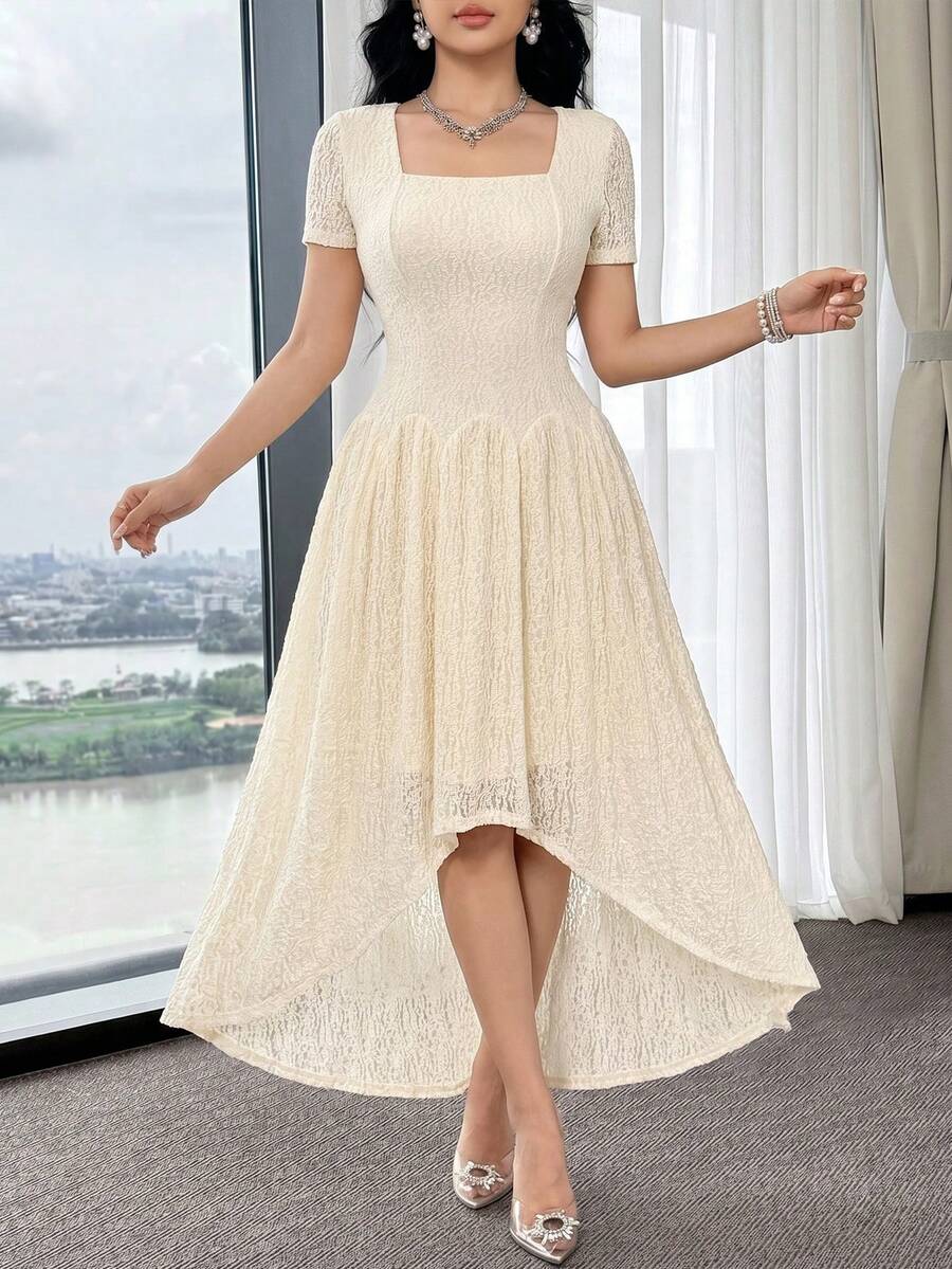 Feyla Vestido elegante de mujer con cuello cuadrado, manga corta y bajo asimétrico - Albaricoque - Ver 1