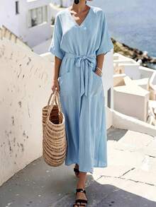 SHEIN Holidaya Vestido casual de largo medio con cuello en V y cintura con lazo de unicolor para mujer - Azul - Ver 3
