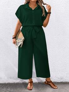 EMERY ROSE Women's Plus Size Solid Color Short Sleeve Lapel Belted Pockets Casual Jumpsuit Vacation Dark Green Summer - Green - View 3