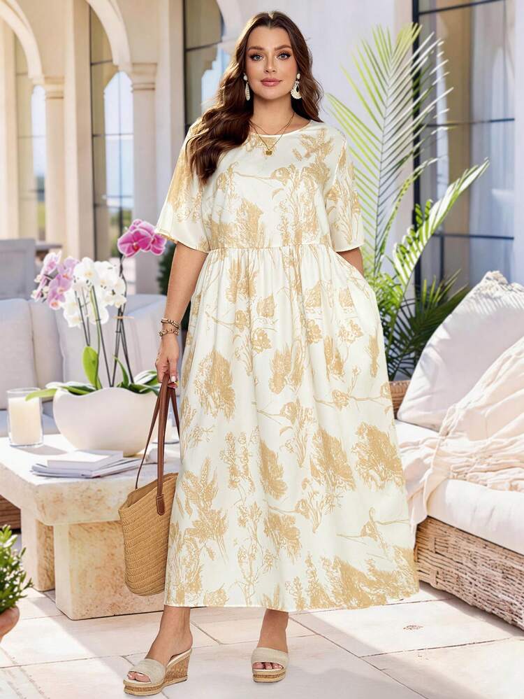 Plus Size Women's Summer Casual Vacation Country Floral Print Long Dress With Pockets,Suitable For Summer Vacation,Casual Holiday Style,Summer Outfits For Women ,Vacation Outfits Women ,Holiday Outfits For Women,Going Out Outfits, New Clothes,Simple And Fashionable For Everyday Wear,Suitable For Summer, Vacation, Daily Wear, Festival Outfits For Women,Country Concert Outfit,Beach Outfits For Women,Western Style,Flowy Dress,Gifts For Mother,Boho Dress