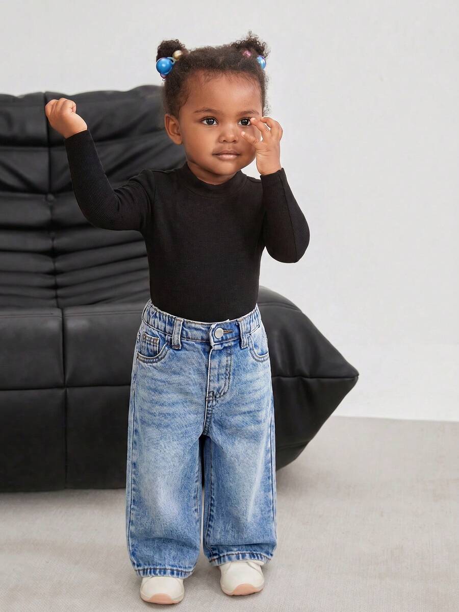SHEIN Bubblio Quần ống rộng dáng suông màu xanh denim kiểu retro cho bé gái - Rửa nhẹ - Xem 1
