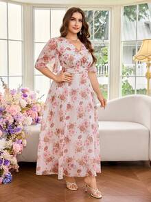 Modelyn 女士V领荷叶边短袖收腰浪漫优雅大码度假夏季连衣裙 - 彩色 - 查看 6