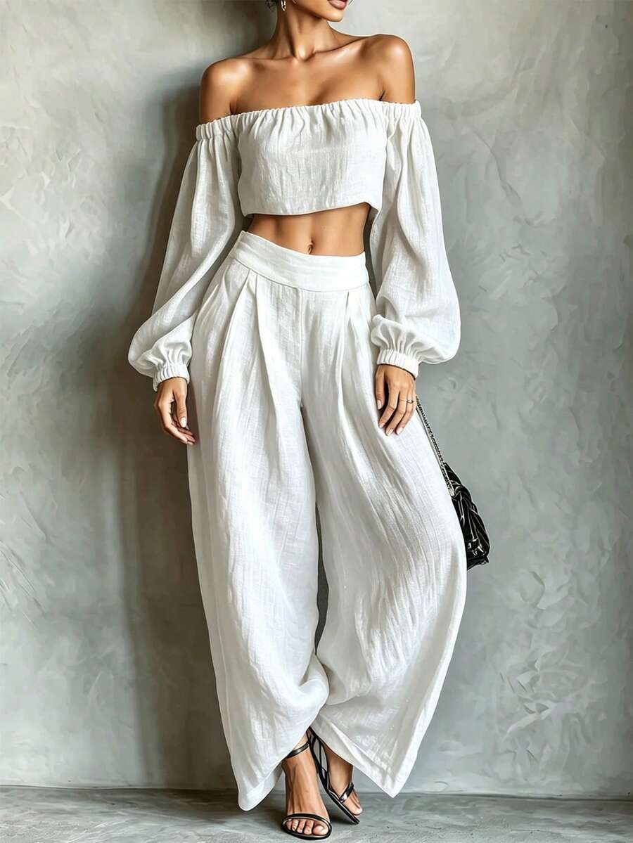 SHEIN Holidaya Bộ đồ nữ gồm áo trễ vai và quần ống rộng chất liệu giả vải lanh, trang phục thường ngày đi làm hoặc đi nghỉ mát, gồm 2 món. - trắng - Xem 1