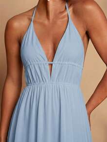 Travachic Solid Color V-Neck Sleeveless Dress For Women,Dresses For Women Summer - Baby Blue - View 4