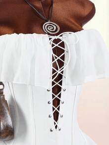 Amplova Bộ jumpsuit dáng chữ A trễ vai, xếp ly eo, lãng mạn cho kỳ nghỉ của phụ nữ - trắng - Xem 5