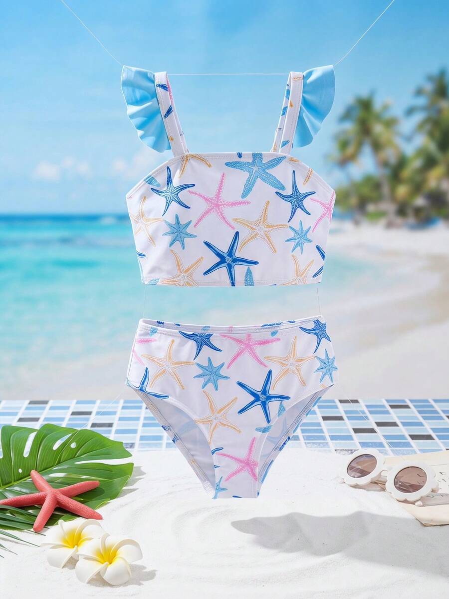 SHEIN Young Girl Starfish Print Ruffle Trim Swimwear Set - Multicolor - View 1