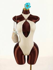 Amplova Women's Shell Metal Decor Halter Backless One-Piece Swimwear With Cover-Up & Skirt Set - Apricot - View 3