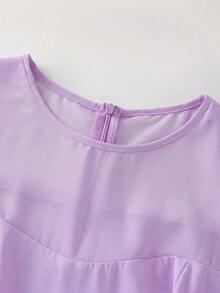 Qadelle Đầm nữ màu trơn cổ tròn eo dáng chữ A chất liệu chiffon phối họa tiết tay loe, thanh lịch, thích hợp đi nghỉ mát, đi làm, dự tiệc, ngày Valentine, phong cách Pháp cổ điển, đa năng, dự tiệc đầu xuân/hè, tay loe ngắn, màu xanh nhạt, dáng dài ngang gối. - Màu tím - Xem 5