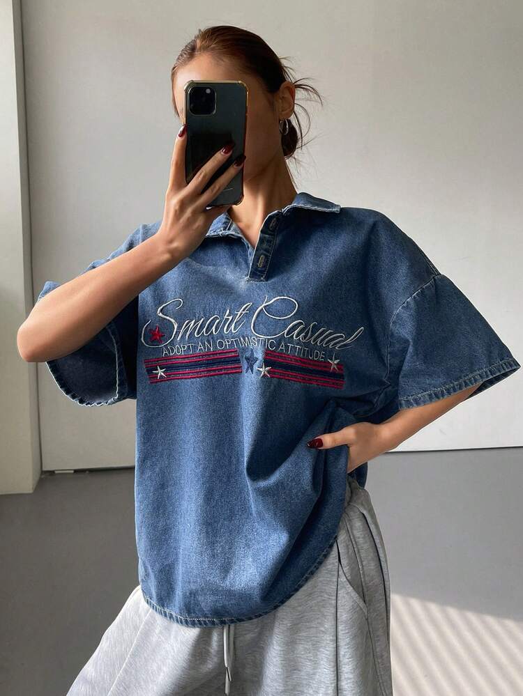 Women's Drop Shoulder Short Sleeve Washed Embroidered Denim Blouse Summer