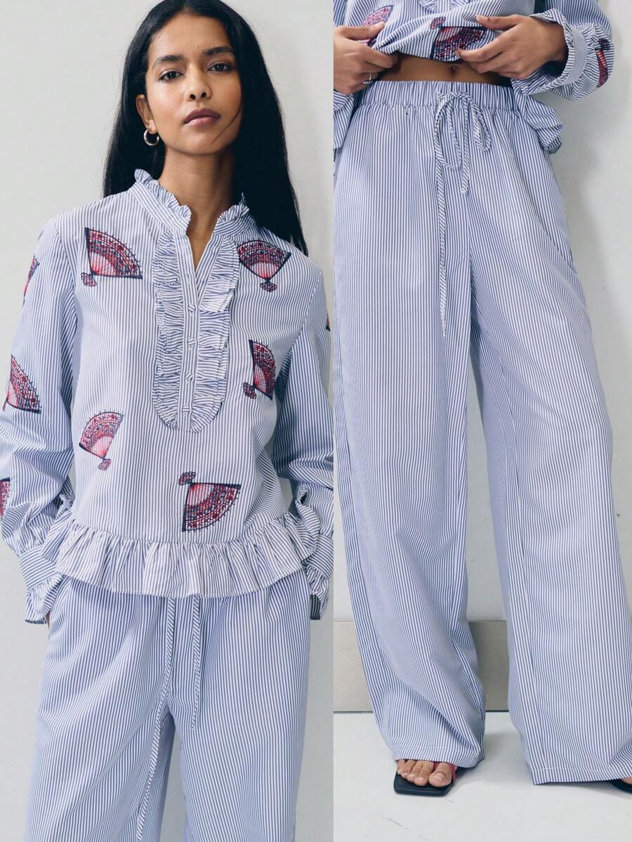 Nöista Conjunto de dos piezas a rayas con blusa de manga bordada con cuello mao, pliegue con volantes y bajo con volantes. Los pantalones anchos y relajados a juego tienen cintura elástica con cordón ajustable. Atuendo ideal para cada día, primavera, verano, Pascua, días festivos. - azul real - Ver 1