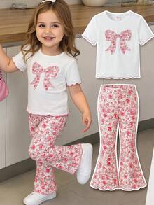 Cozy Pixies Conjunto de camiseta con estampado de lazo rosa y pantalones acampanados para niña - Rosa - Ver 1