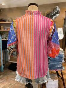 Linhara Plus Size Women Vintage Floral & Striped Print V-Neck Ruffle Trim Short Sleeve Blouse Fall - Pink - View 4