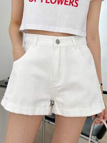 Dazy Tall Shorts vaqueros casuales de mujer con cintura de capullo de flor - Blanco - Ver 6