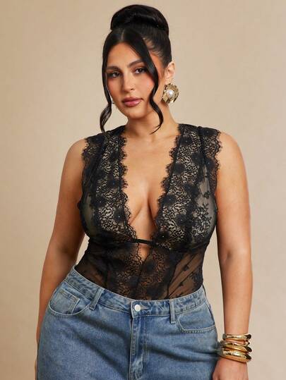 SHEIN BAE Plus Size Women Lace Patchwork Sheer Sexy Bodysuit, Fashionable