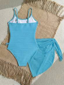 SHEIN Teen Girls Solid Color Jacquard 2 Pieces Set - Baby Blue - View 2