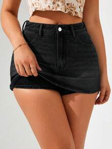 SHEIN ICON 大码女式休闲度假浅蓝色牛仔短裙 - 黑色 - 查看 1