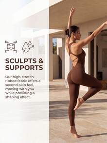 Easithlete Bộ jumpsuit nữ gợi cảm với dây chéo lưng. - Cà phê nâu - Xem 3