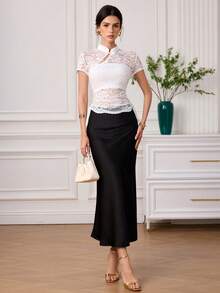 EastFlair Áo kiểu Trung Quốc mới, cổ cài khuy ren, tay ngắn - trắng - Xem 3