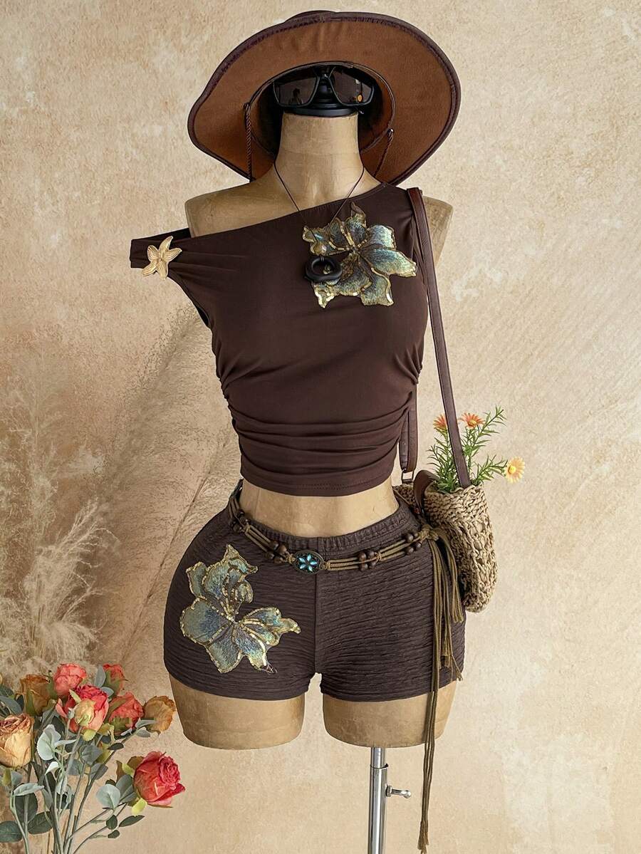Soleia 新款休闲度假西部海滩婚礼宾客礼服，毕业早午餐，圣帕特里克节，春假，复活节，音乐节，优雅波西米亚热带风情毛绒棕色针织不对称领口花卉露背两件套女装 - 咖啡棕 - 查看 1