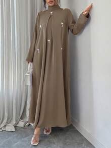 Yasmyna 女士优雅亮片装饰立领长袖阿拉伯风格连衣裙 - 咖啡棕 - 查看 3