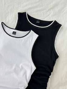 Tseoso 2pcs Women's Crew Neck Tight-Fitting Contrast Color Shell Flower Print Camisole,Summer Top - Multicolor - View 5