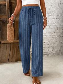 SHEIN Frenchy Quần nữ kiểu dáng tối giản, chất liệu giả denim màu xanh dương phối sọc trắng, thích hợp cho kỳ nghỉ xuân/hè. - Nhiều màu - Xem 3