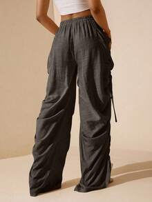 Vesra Women's Solid Color Side Ruched Drawstring Pocket Pants - Brown - View 2