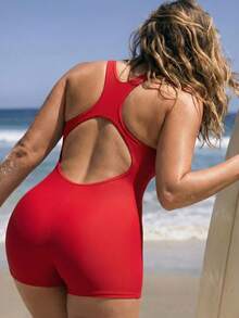Swim Nautrix Plus Size Women Red Surfing Jumpsuit, Minimalist European And American Style Swimsuit With Shorts - Red - View 2