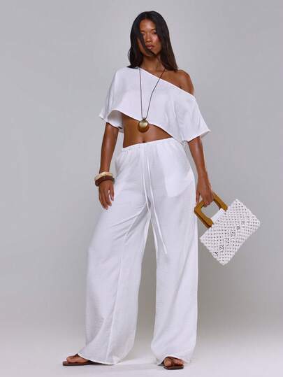 MUSERA Linen Feel Off Shoulder Top And Tie Waist Pants Set Co-Ord Spring Summer Vacation Beach Casual Cute Everyday Boho Airport