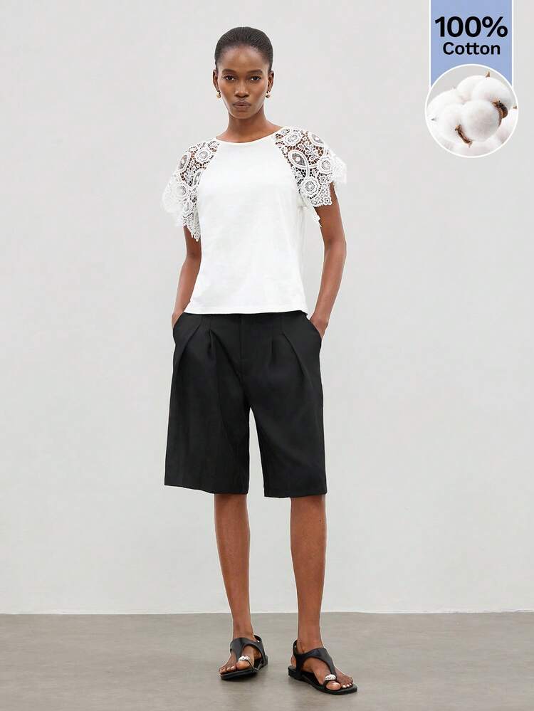 SHEIN Maija 여성용 여름 캐주얼 우아한 솔리드 컬러 레이스 스플라이스 래글런 소매 티셔츠, 화이트 탑, 티 파티 의상, 외출복