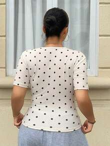 Dazy Plus Spring/Summer Fashion Tight Fitting Top, New Slim Fit Polka Dot Plus Size White Undershirt T-Shirt For Women Crop Top - Apricot - View 4
