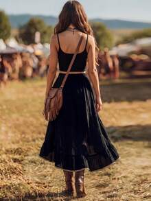 SHEIN LUNE Women's Pastal Autumn Boho Laced Vacation Skirt, Asymmetric Ruffle Hem Lace Trim A-Line Waist Cinching Linen-Like Elegant Graduation Golf - Black - View 2