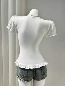 Elamini Black Regular Shoulder Short Sleeve Vintage Style T-Shirt, Spring/Summer - White - View 2
