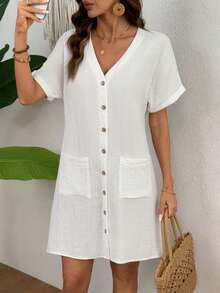 Zayélia Women's Casual Solid Color Front Button Pocket Dress, Summer Beach Vacation Plain All White - White - View 6