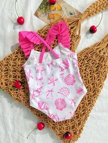 SHEIN Bộ đồ bơi liền thân in hình vỏ sò cho trẻ sơ sinh, viền bèo nhún, kiểu dáng ôm vừa vặn thoải mái, thích hợp cho kỳ nghỉ. - Nhiều màu - Xem 2