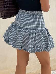 DAZY Plaid Ruffle Mini Skirt, Elastic Waist Fitted Casual Cute Back-To-School Skirt For Girls, Summer Vacation Blue And White - Blue - View 2