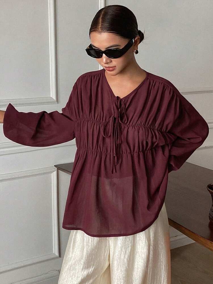 Women's Solid Color Loose Pleated Drawstring Crew Neck Long Sleeve Elegant Resort Blouse, Spring/Autumn