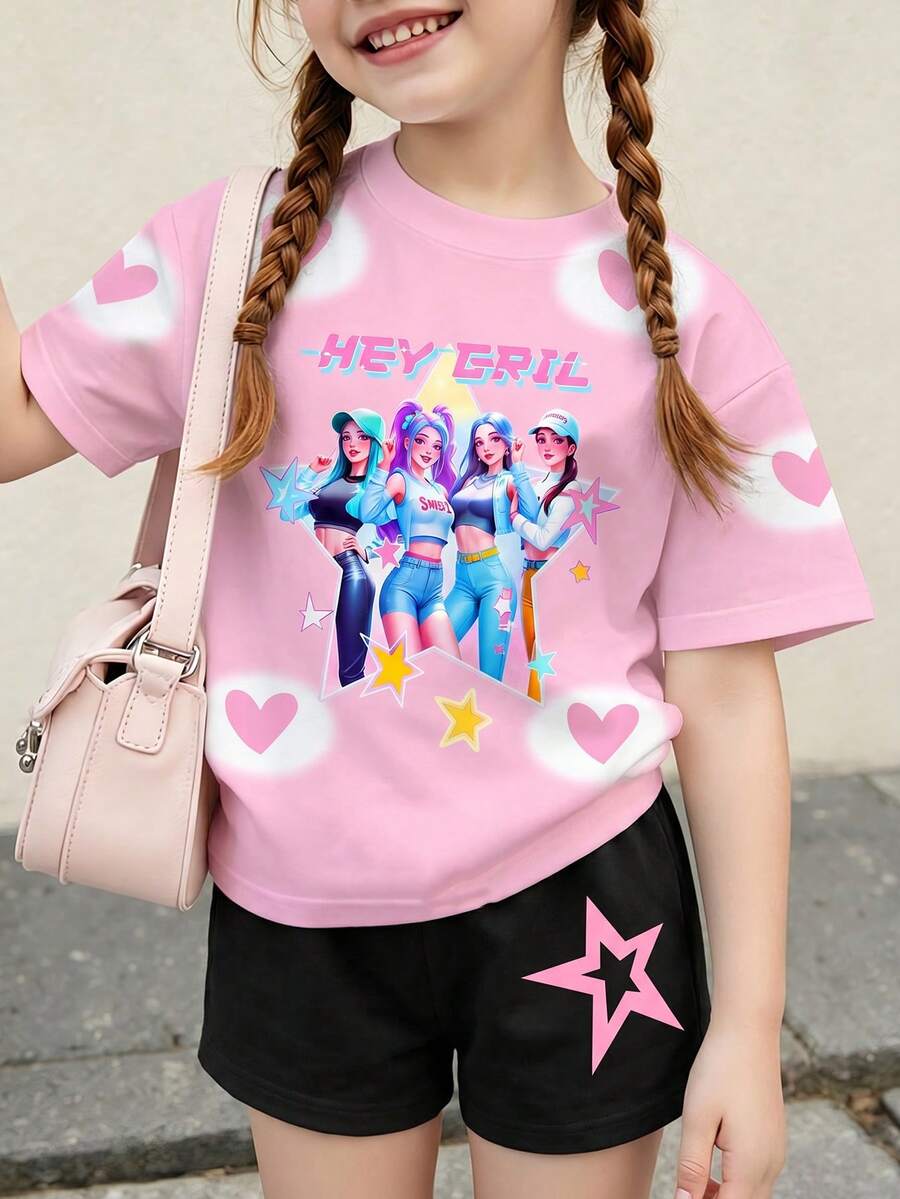 2pcs Young Girls' Fashion K-POP Cartoon Girl Ombre Round Neck T-Shirt And Matching Shorts Set,Light Pink Summer Comfortable Knit Outfit For Holiday - Multicolor - View 1