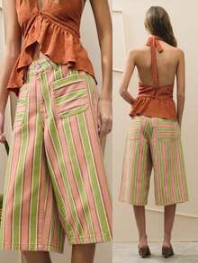 Nöista Quần short Bermuda kẻ sọc dài đến đầu gối, phối màu xanh lá cây và nâu, có túi vá phía trước và khuy cài. Hoàn hảo cho mùa hè, quần short dài đến đầu gối thoải mái, quần short có túi vá, quần short mùa hè nhẹ, trang phục nữ, trang phục thường ngày mùa hè, quần short mùa hè hàng ngày, lễ hội âm nhạc, mùa xuân, phong cách Boho, đồ đi biển. - Nhiều màu - Xem 4