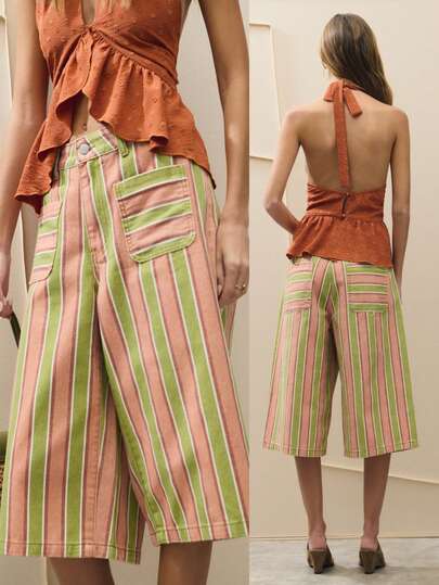 Nöista Pantalones cortos de rodilla a rayas, bermudas con rayas verticales verdes y marrones con bolsillos delanteros con parche y cierre de botón. Perfectos para el verano, pantalones cortos casuales de rodilla, pantalones cortos con bolsillos con parche, pantalones cortos de verano ligeros, atuendo de mujer, ropa casual de verano, pantalones cortos de verano para todos los días, festival de música, primavera, bohemio, ropa de playa.