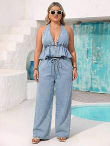 Vivid Eden Bộ đồ 2 món cỡ lớn: Áo yếm hở lưng và quần jean. - Rửa nhẹ - Xem 5