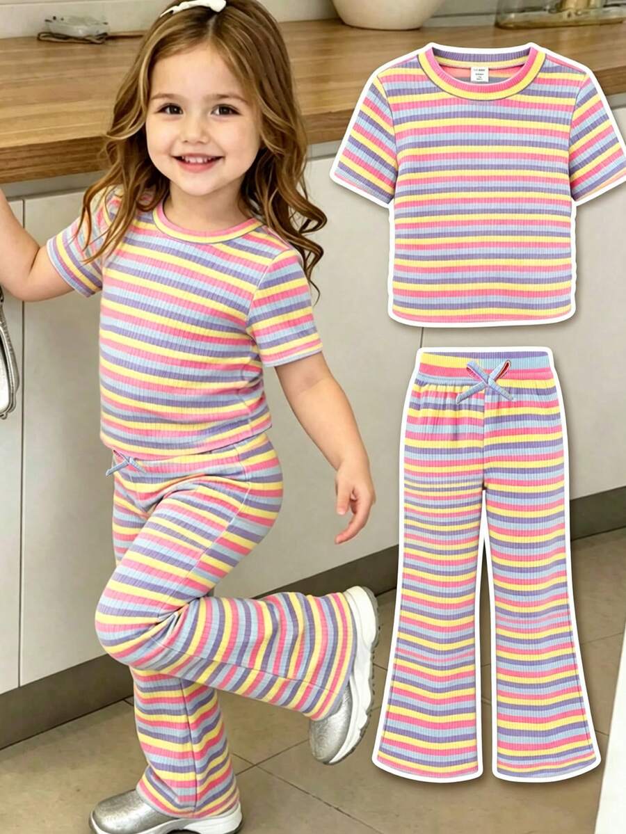 Elladie kids Bộ 2 món cho bé gái gồm áo thun và quần ống loe kẻ sọc nhiều màu sắc, chất liệu vải dệt kim, áo cổ tròn tay ngắn kết hợp với quần ống loe dệt kim kẻ sọc nhiều màu sắc, phù hợp cho bé gái mặc thường ngày, dạo chơi, dự tiệc, với trang phục dễ thương và thoải mái vào mùa xuân/hè. - Nhiều màu - Xem 1